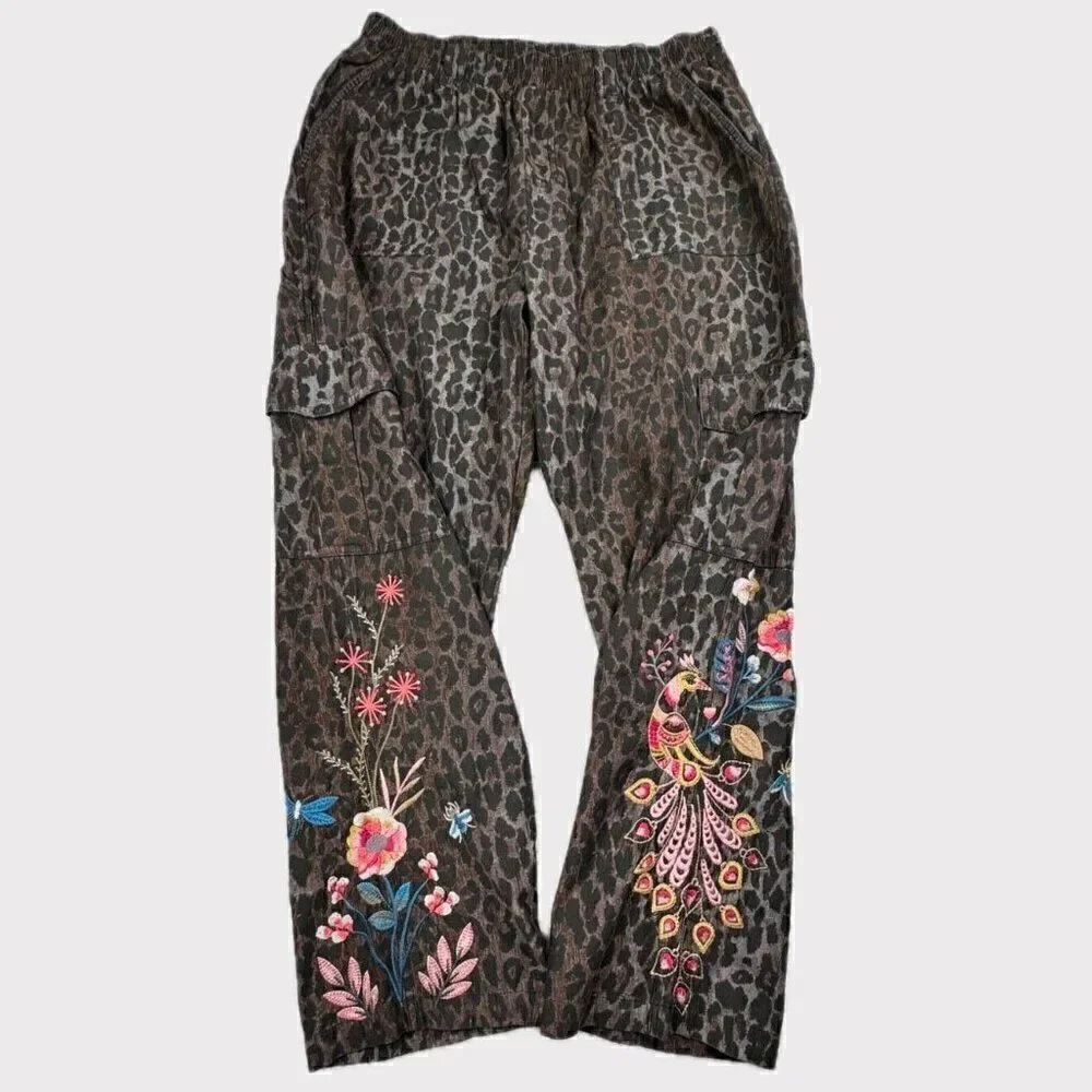 Johnny Was Workshop Shuri Leopard Embroidered Floral Cargo Pant Large